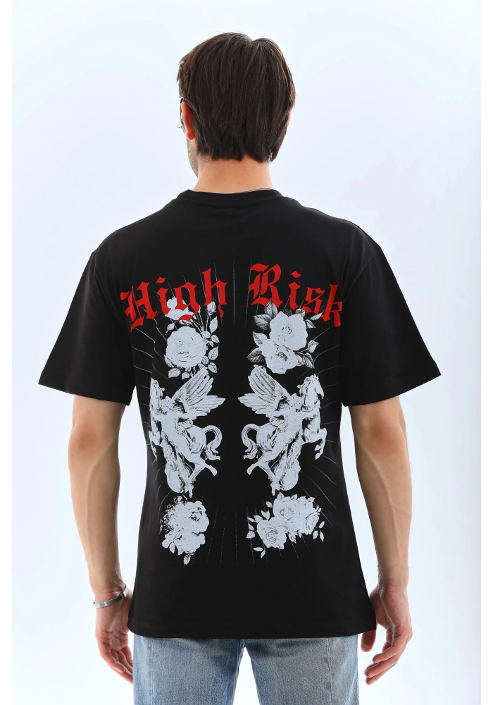 ERKEK Oversize Baskılı Bisiklet Yaka T-Shirt - Siyah