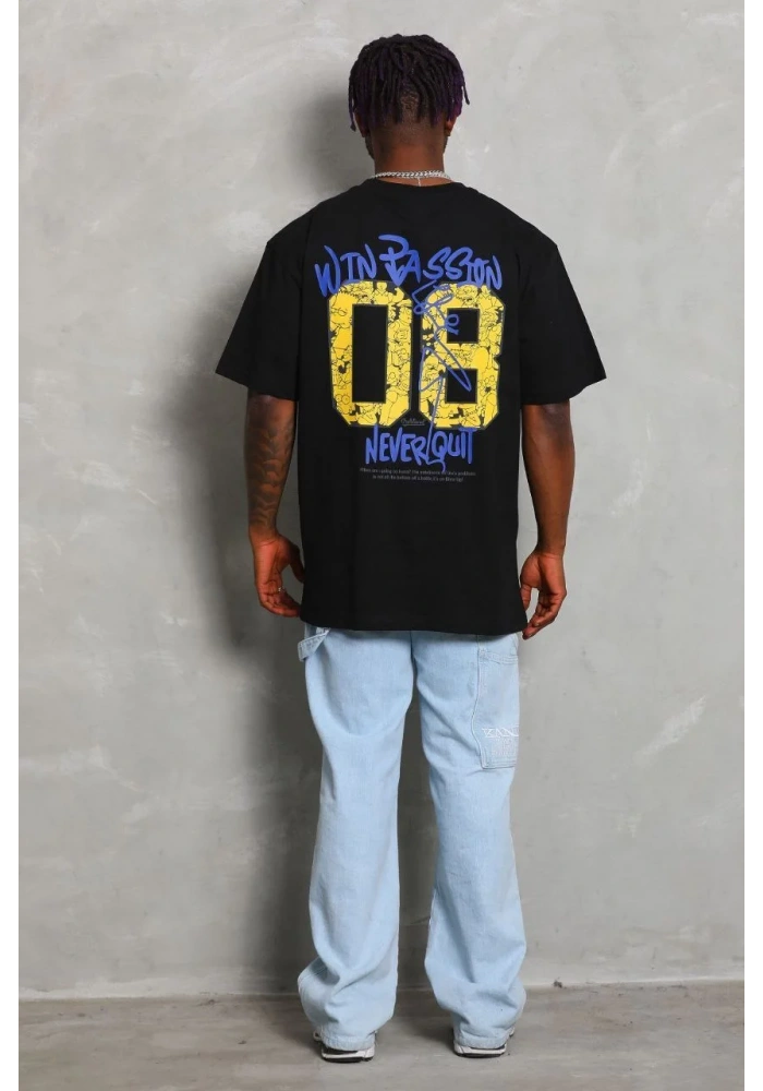 ERKEK Oversize Baskılı Bisiklet Yaka - Siyah