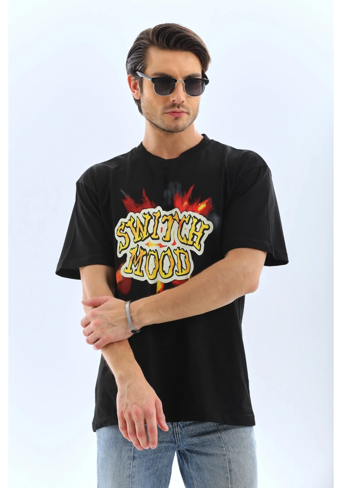 ERKEK Oversize Baskılı Bisiklet Yaka T-Shirt - Siyah