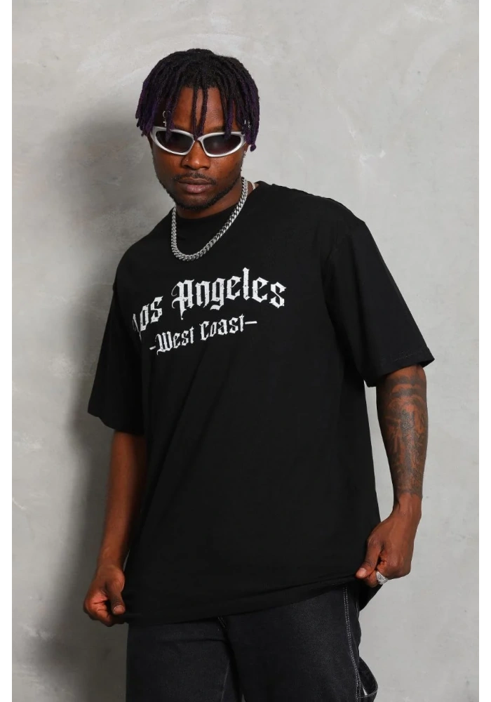 ERKEK Oversize Baskılı Bisiklet Yaka T-Shirt - Siyah