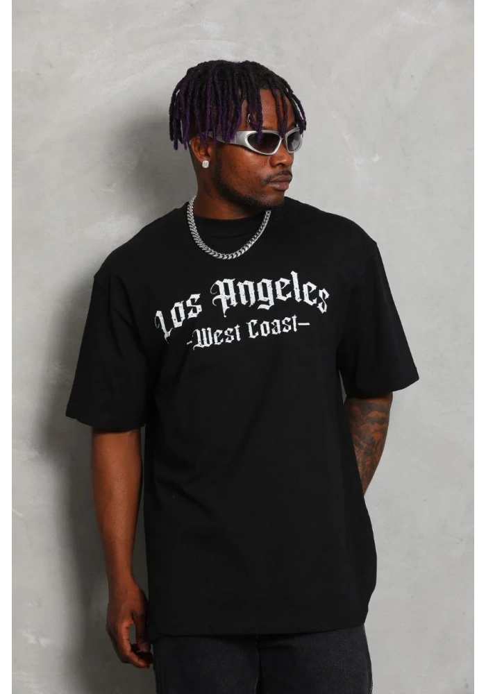 ERKEK Oversize Baskılı Bisiklet Yaka T-Shirt - Siyah