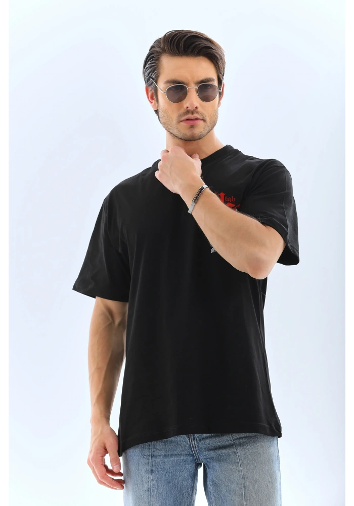 ERKEK Oversize Baskılı Bisiklet Yaka T-Shirt - Siyah