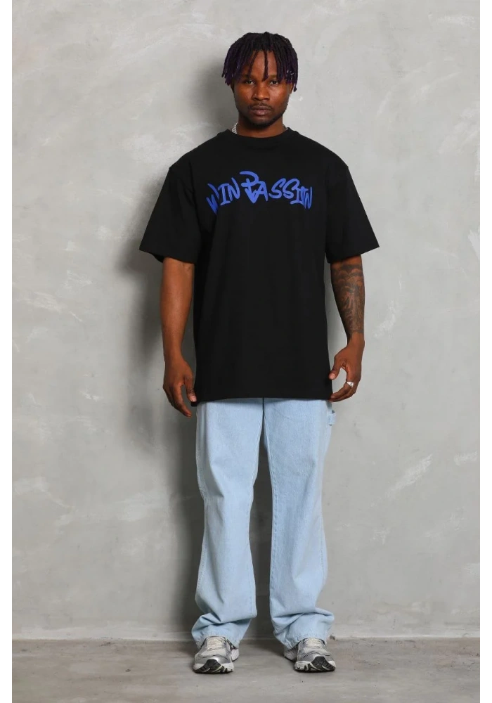 ERKEK Oversize Baskılı Bisiklet Yaka - Siyah