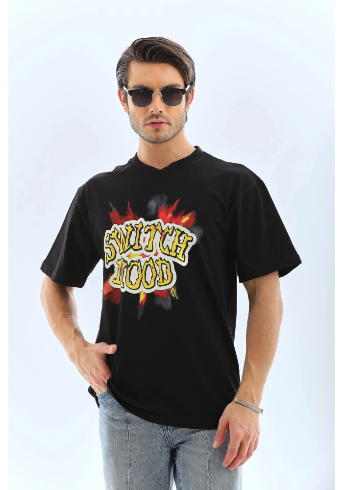 ERKEK Oversize Baskılı Bisiklet Yaka T-Shirt - Siyah