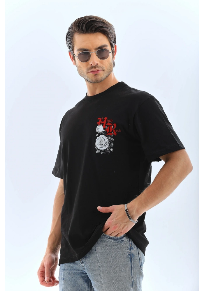 ERKEK Oversize Baskılı Bisiklet Yaka T-Shirt - Siyah