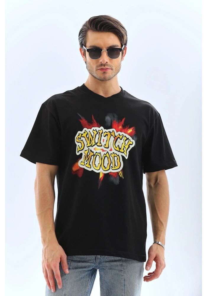 ERKEK Oversize Baskılı Bisiklet Yaka T-Shirt - Siyah