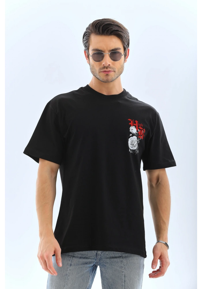 ERKEK Oversize Baskılı Bisiklet Yaka T-Shirt - Siyah