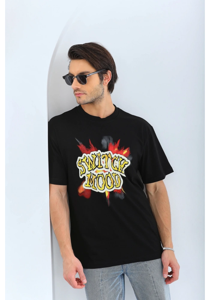 ERKEK Oversize Baskılı Bisiklet Yaka T-Shirt - Siyah