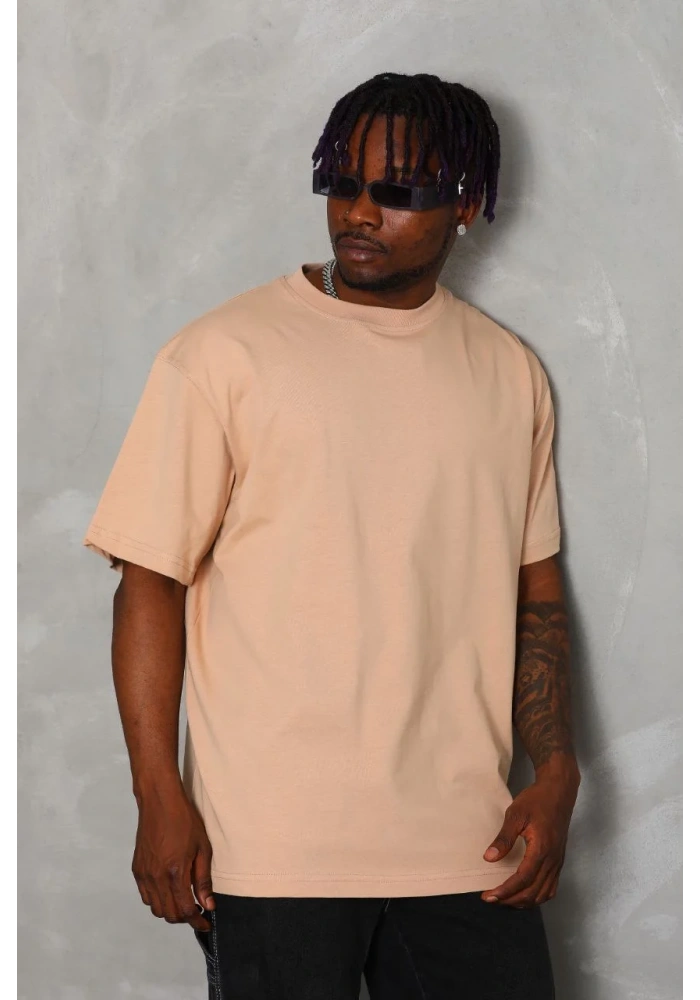 ERKEK Oversize Düz Bisiklet Yaka T-Shirt - Bej
