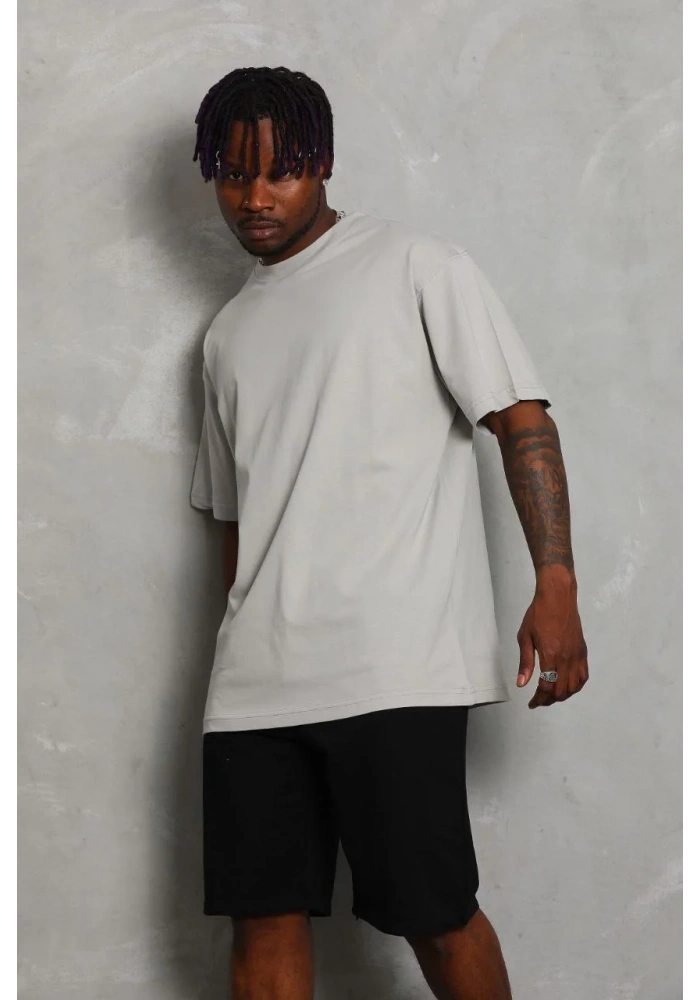 ERKEK Oversize Düz Bisiklet Yaka T-Shirt - Gri