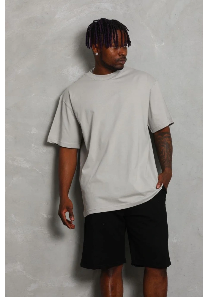 ERKEK Oversize Düz Bisiklet Yaka T-Shirt - Gri