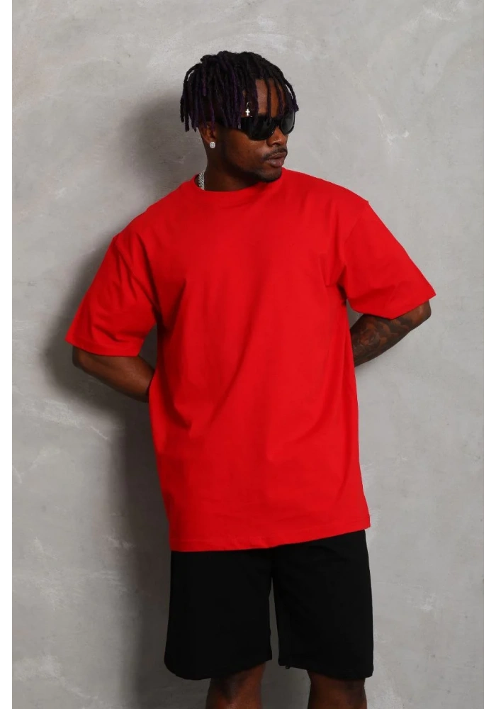 ERKEK Oversize Düz Bisiklet Yaka T-Shirt - Kırmızı