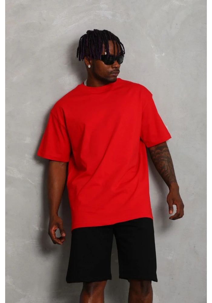 ERKEK Oversize Düz Bisiklet Yaka T-Shirt - Kırmızı