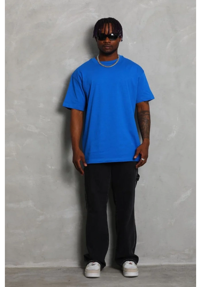 ERKEK Oversize Düz Bisiklet Yaka T-Shirt - Mavi