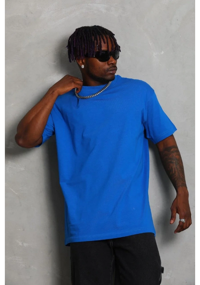 ERKEK Oversize Düz Bisiklet Yaka T-Shirt - Mavi