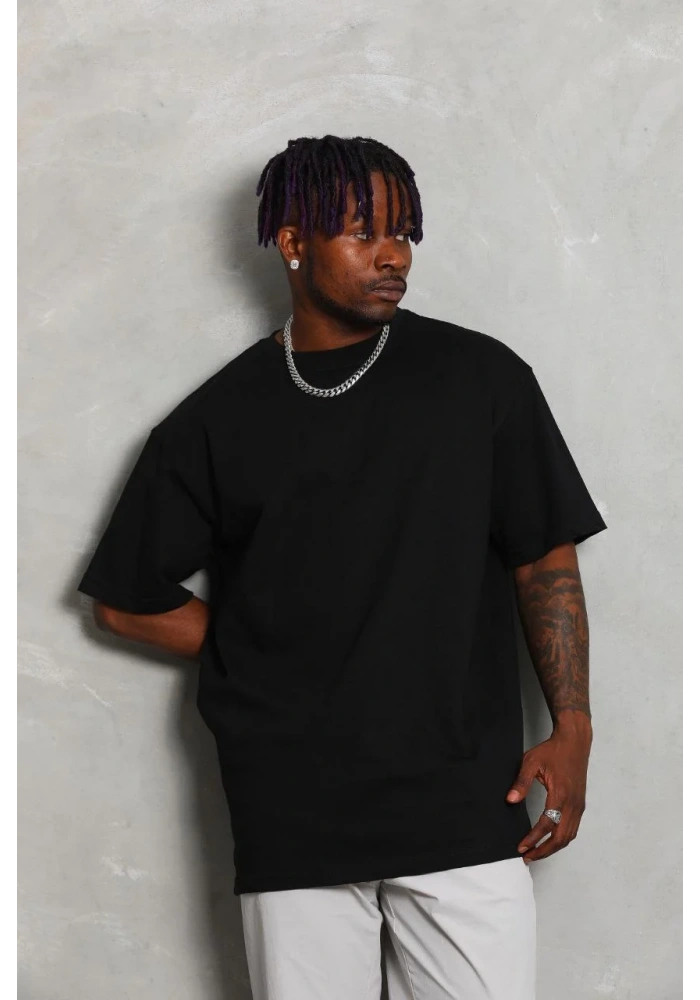 ERKEK Oversize Düz Bisiklet Yaka T-Shirt - Siyah