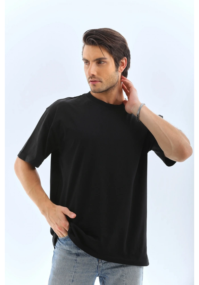 ERKEK Oversize Düz Bisiklet Yaka T-Shirt - Siyah