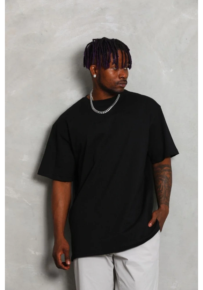 ERKEK Oversize Düz Bisiklet Yaka T-Shirt - Siyah