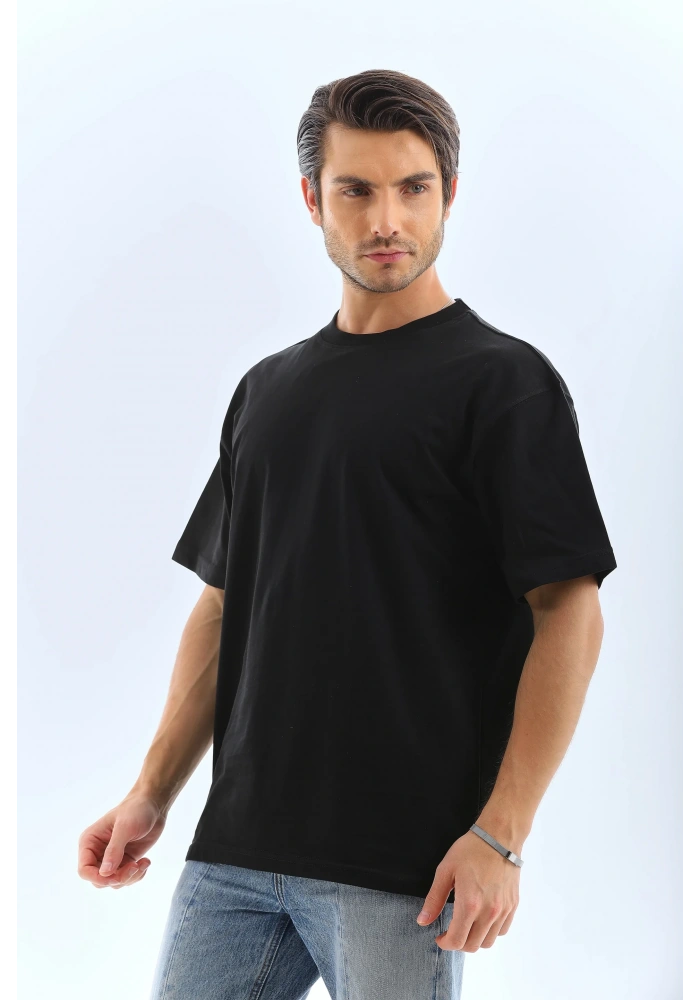 ERKEK Oversize Düz Bisiklet Yaka T-Shirt - Siyah