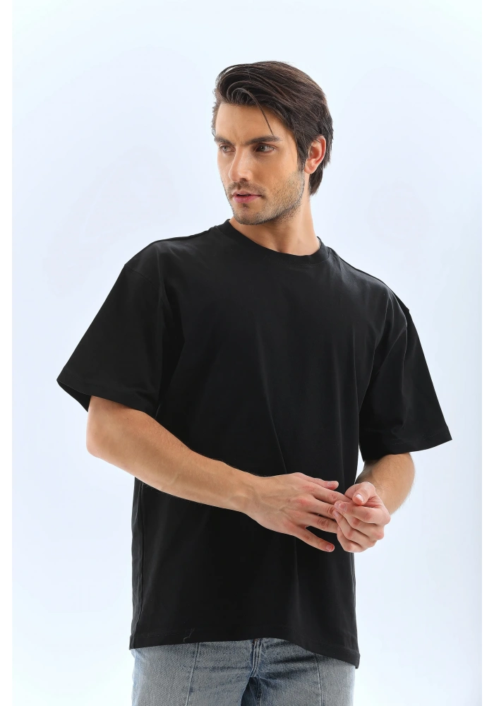 ERKEK Oversize Düz Bisiklet Yaka T-Shirt - Siyah
