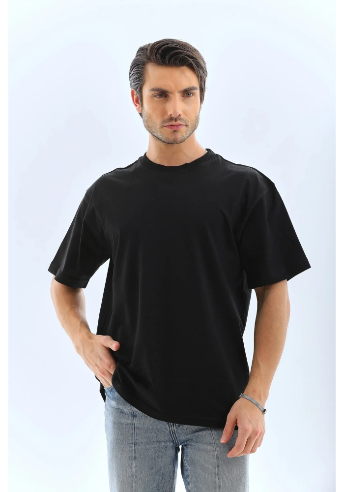 ERKEK Oversize Düz Bisiklet Yaka T-Shirt - Siyah