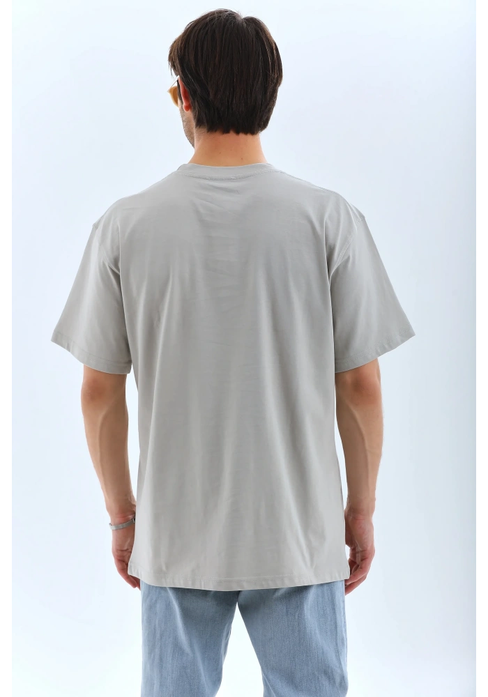 ERKEK Oversize Taşlı Bisiklet Yaka T-Shirt - Gri