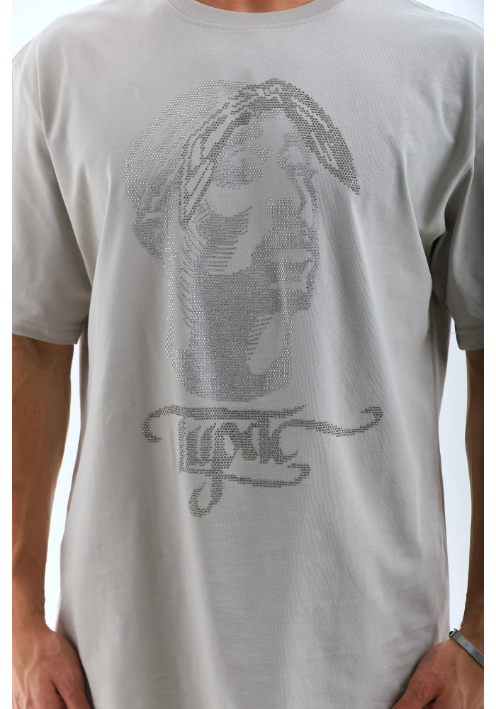 ERKEK Oversize Taşlı Bisiklet Yaka T-Shirt - Gri