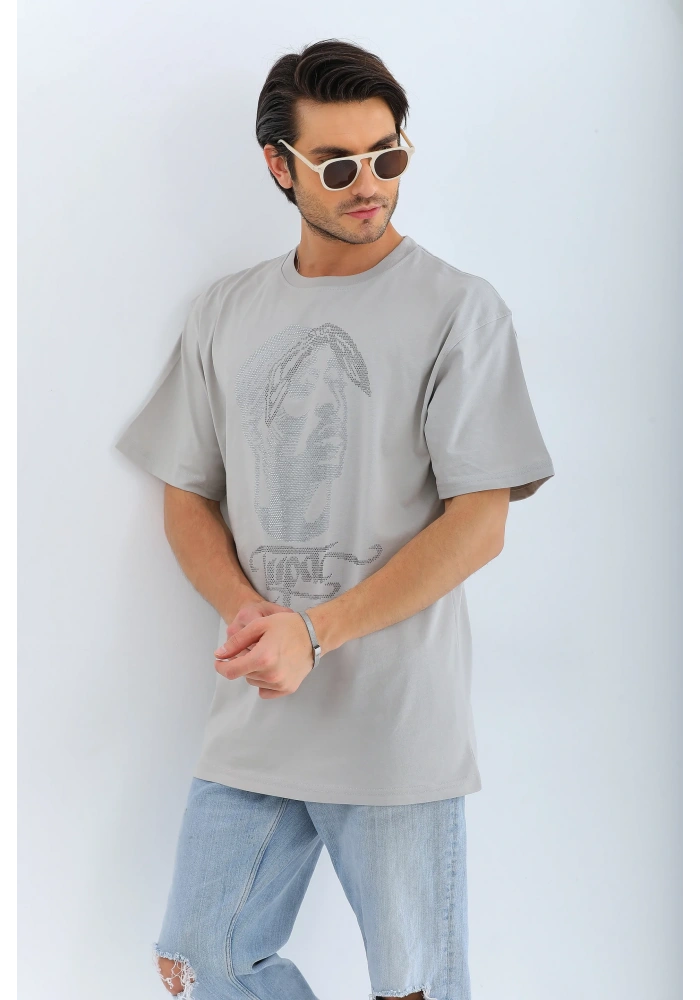 ERKEK Oversize Taşlı Bisiklet Yaka T-Shirt - Gri