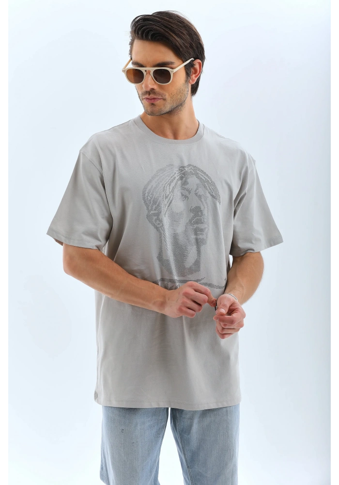 ERKEK Oversize Taşlı Bisiklet Yaka T-Shirt - Gri