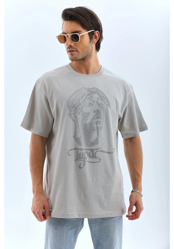 ERKEK Oversize Taşlı Bisiklet Yaka T-Shirt - Gri