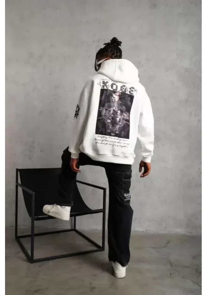 Unisex Sırt Baskılı Kapüşonlu Üç İplik Oversize Sweatshirt - Beyaz