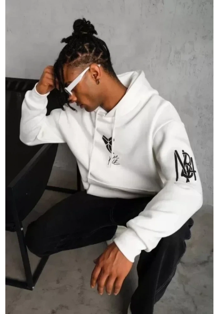 Unisex Sırt Baskılı Kapüşonlu Üç İplik Oversize Sweatshirt - Beyaz