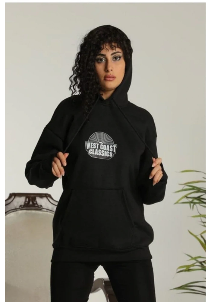 Kadın Sırt Baskılı Kapüşonlu Üç İplik Oversize Sweatshirt - Siyah