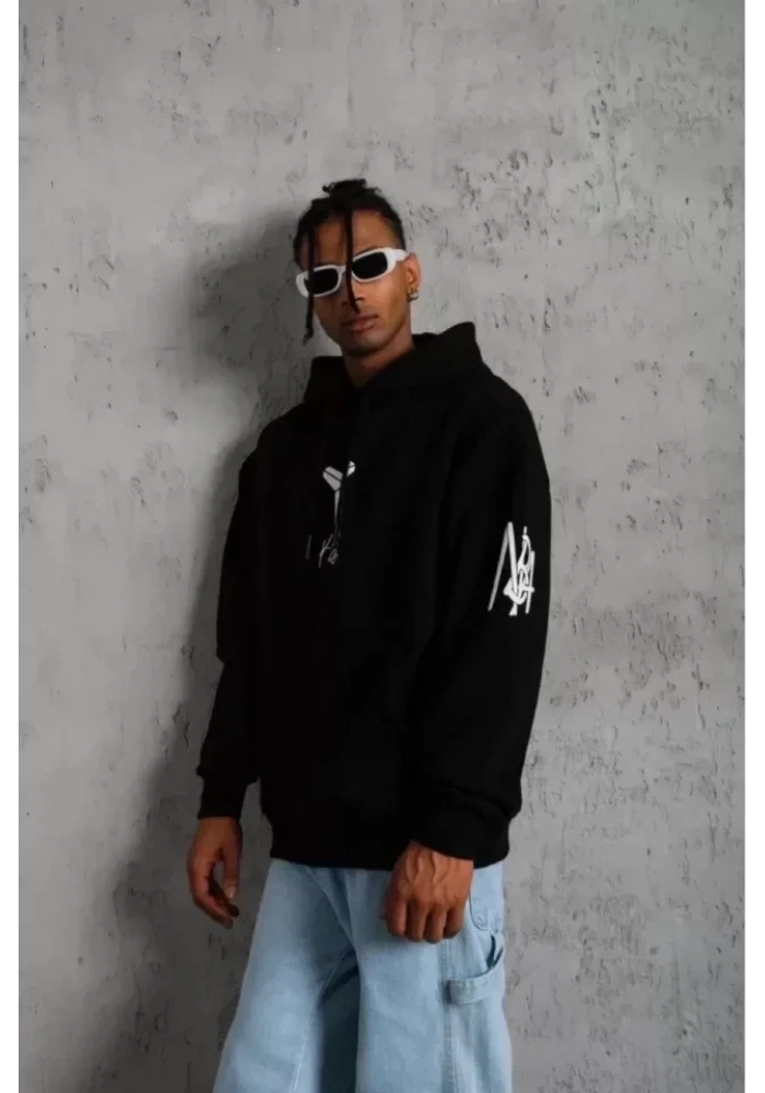 Unisex Sırt Baskılı Kapüşonlu Üç İplik Oversize Sweatshirt - Siyah