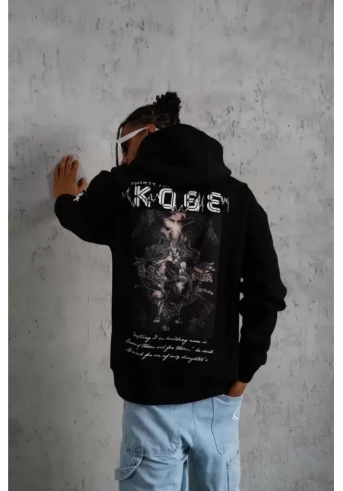 Unisex Sırt Baskılı Kapüşonlu Üç İplik Oversize Sweatshirt - Siyah