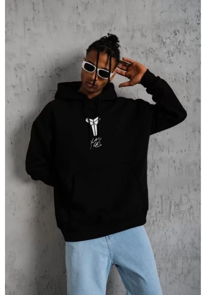 ERKEK Sırt Baskılı Kapüşonlu Üç İplik Oversize Sweatshirt - Siyah