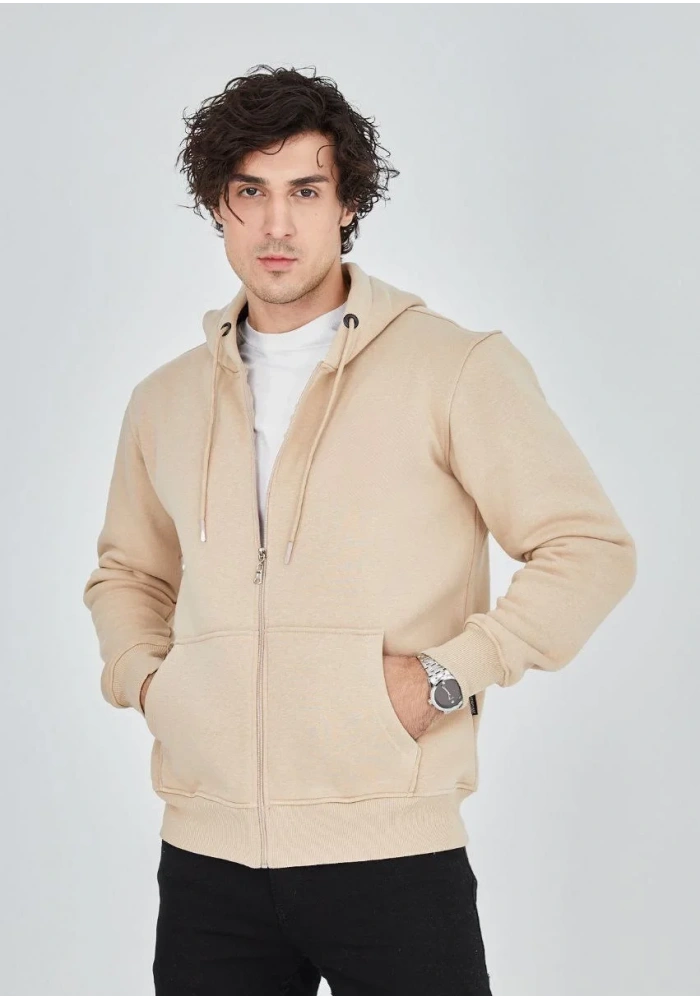 ERKEK Tam Fermuarlı Kapşonlu  SweatShirt - Bej