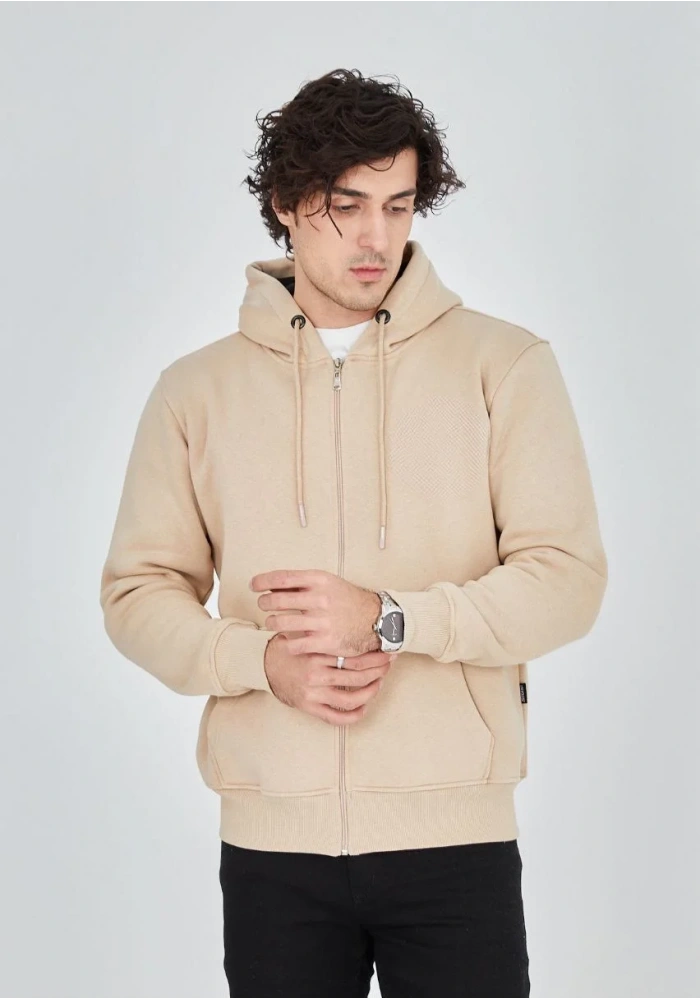 ERKEK Tam Fermuarlı Kapşonlu  SweatShirt - Bej