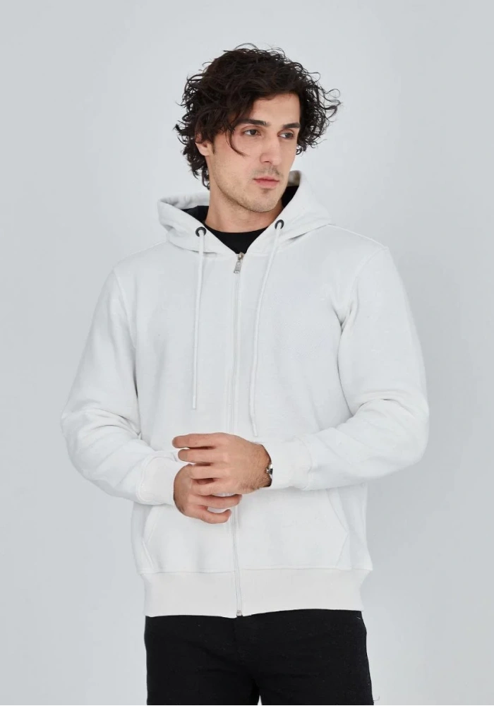 ERKEK Tam Fermuarlı Kapşonlu  SweatShirt - Beyaz