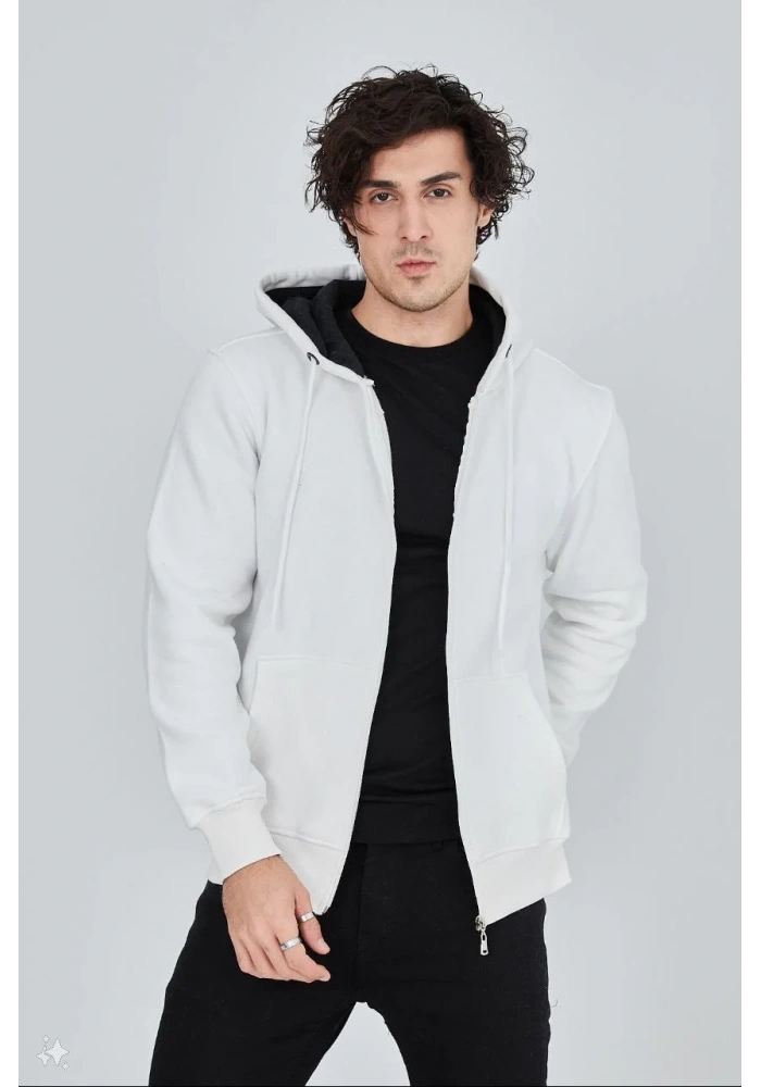 ERKEK Tam Fermuarlı Kapşonlu  SweatShirt - Beyaz