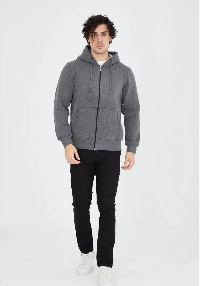 ERKEK Tam Fermuarlı Kapşonlu  SweatShirt - Füme