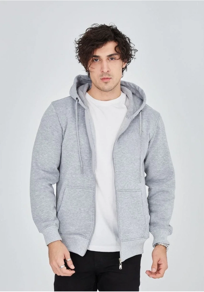 ERKEK Tam Fermuarlı Kapşonlu  SweatShirt - Gri
