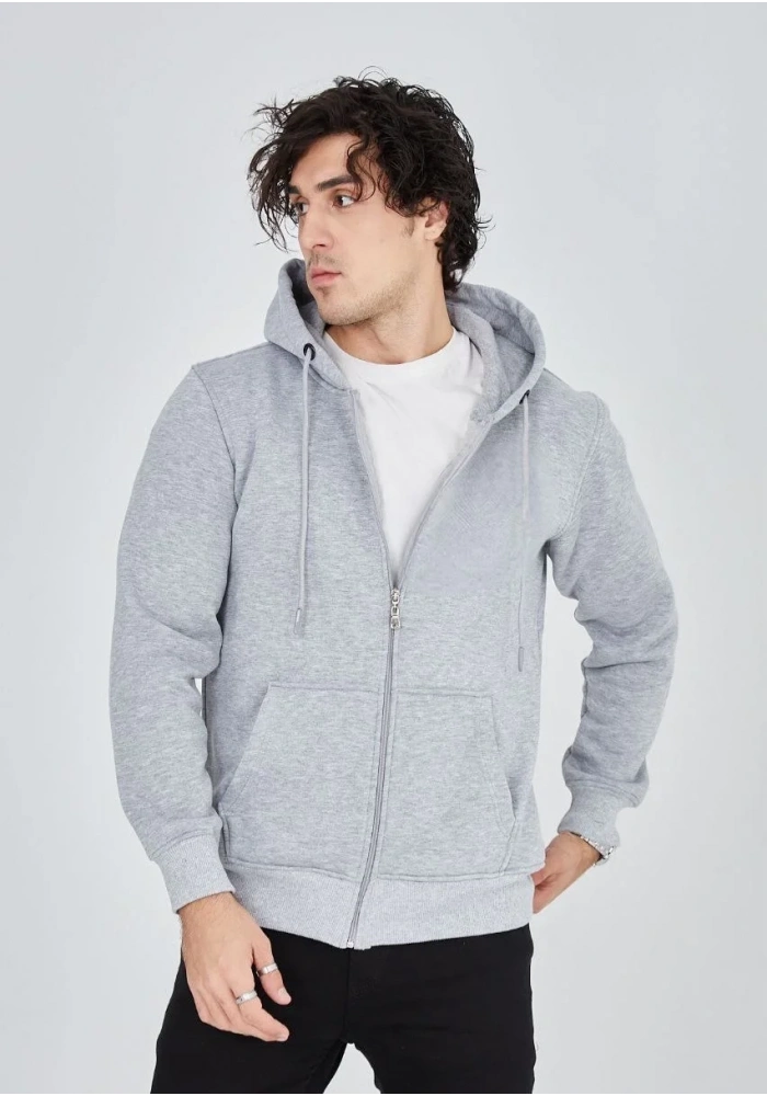 ERKEK Tam Fermuarlı Kapşonlu  SweatShirt - Gri