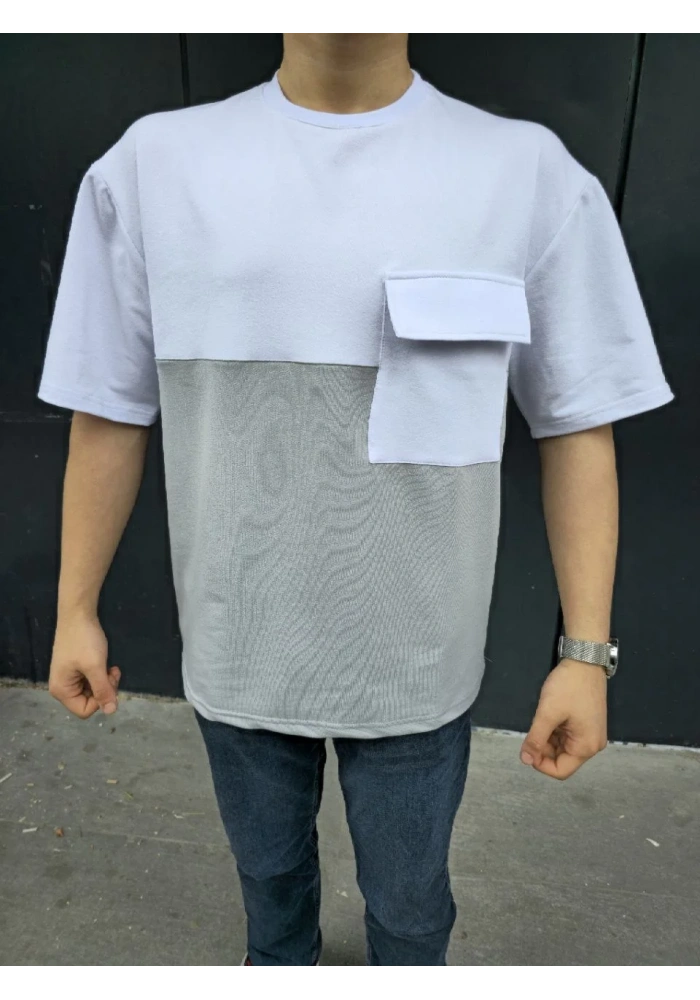 Unisex Torba Cep Detaylı Parçalı T-Shirt - Gri