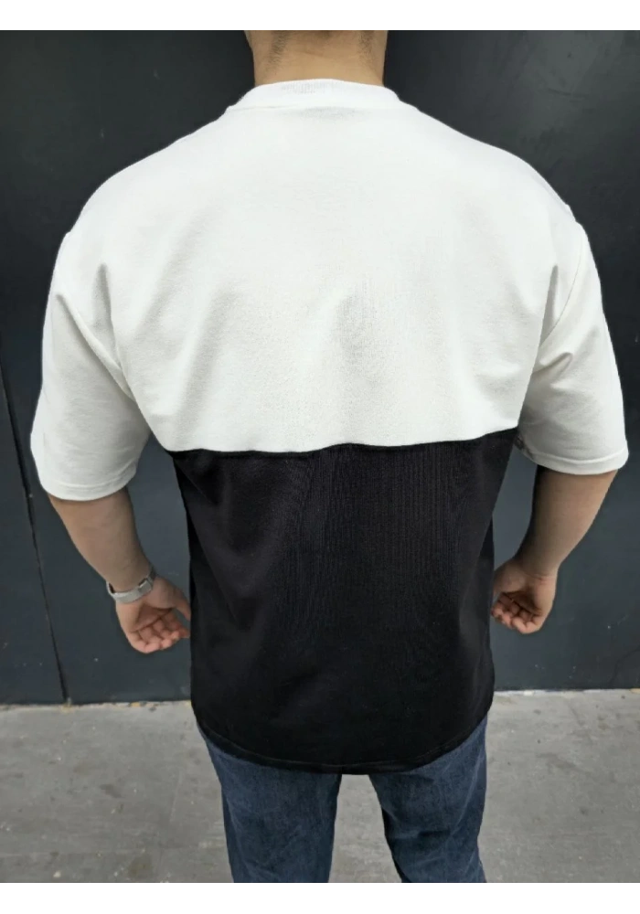 Unisex Torba Cep Detaylı Parçalı T-Shirt - Siyah