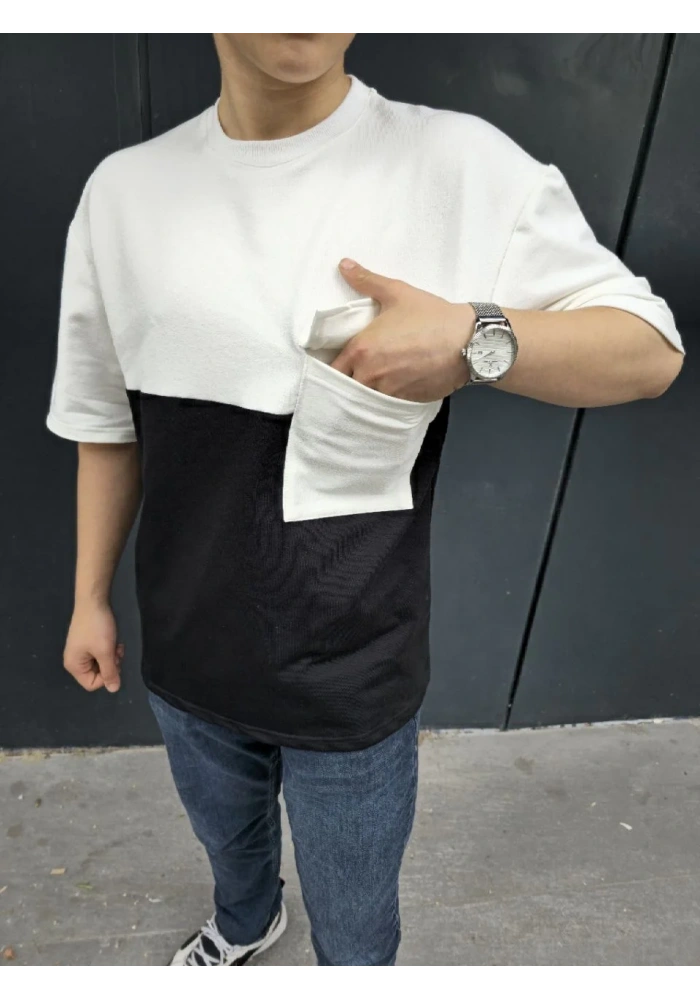 Unisex Torba Cep Detaylı Parçalı T-Shirt - Siyah