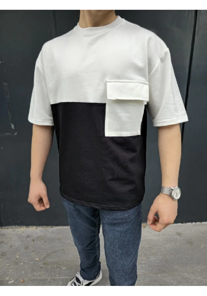 Unisex Torba Cep Detaylı Parçalı T-Shirt - Siyah