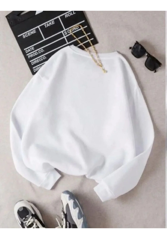Kadın Üç İplik Biskilet Yaka SweatShirt - Beyaz