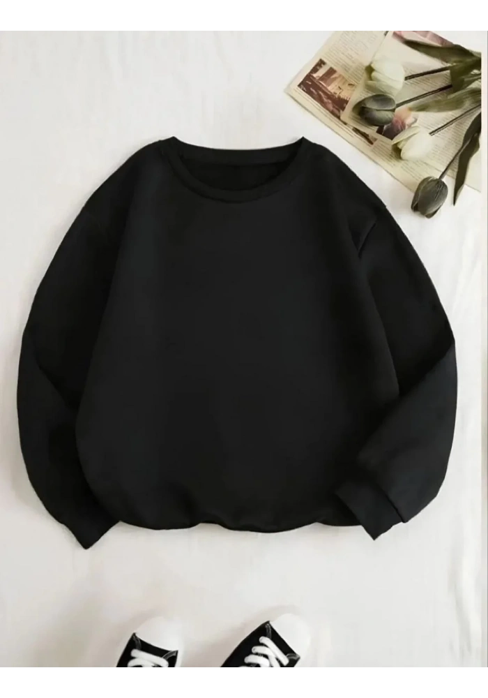 Kadın Üç İplik Biskilet Yaka SweatShirt - Siyah