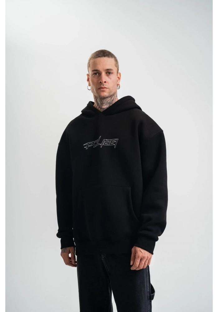 ERKEK Üç İplik Kapşonlu Nakışlı SweatShirt - Siyah